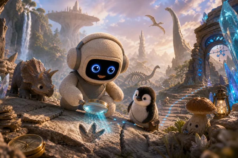 Dinozorların İzinde için taş katmanında yarım görünen tek fosil izi ve devam eden patika etrafında kurulan, güncel Neeko'nun etkin rol aldığı animatif macera kapağı.