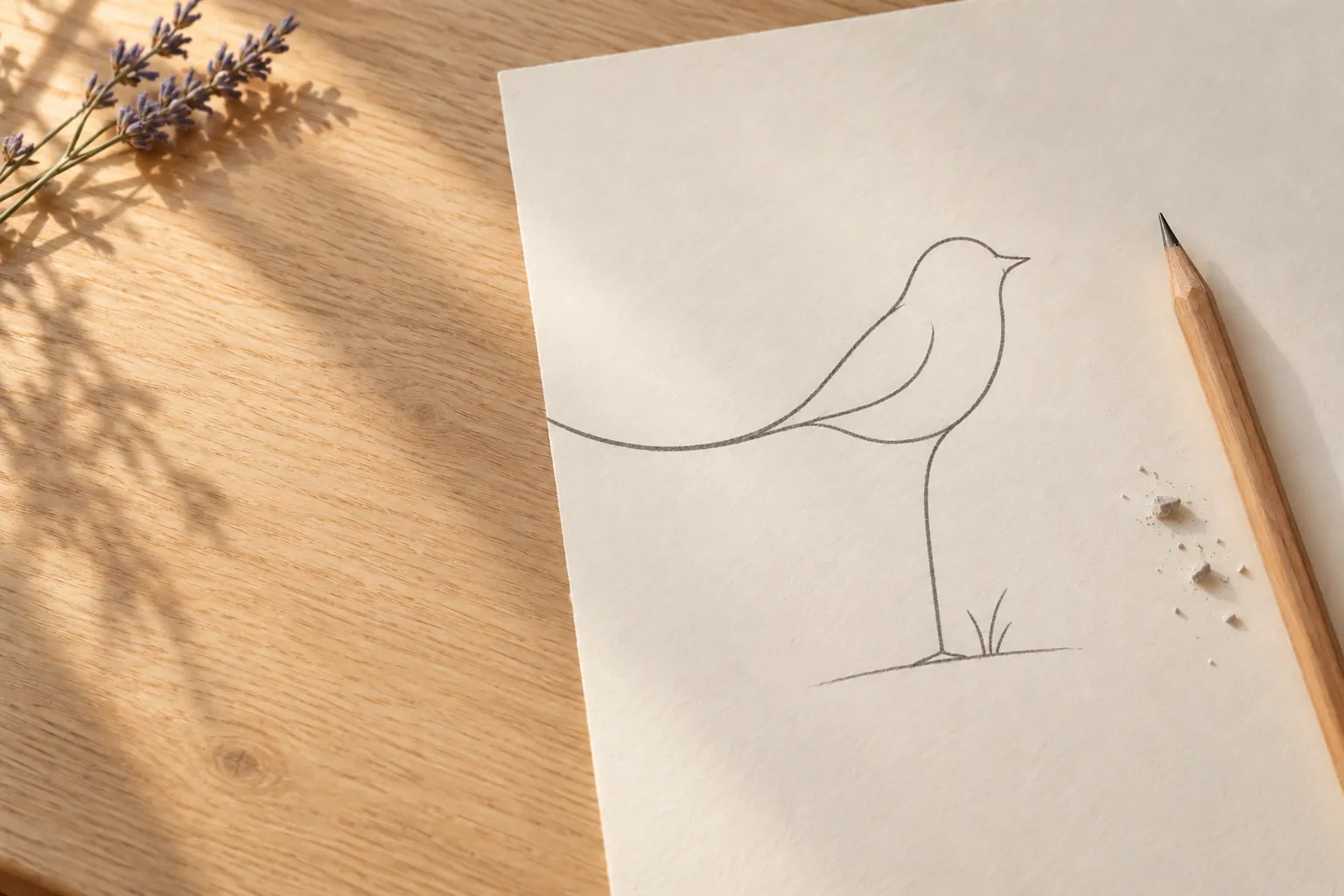 A sheet of cream paper on an oak table: a single pencil line turns into a bird with one very long leg, with a pencil and eraser crumbs beside it