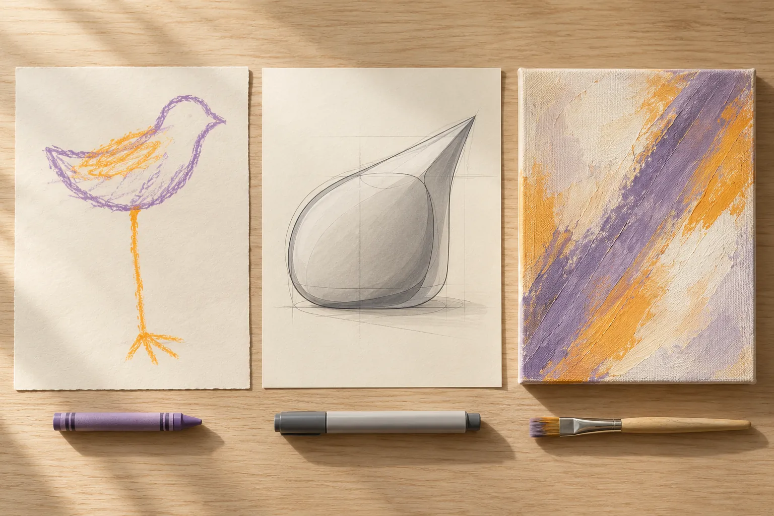 Three works and their tools side by side on an oak table: a child's crayon drawing of a long-legged bird, a soft-contoured design sketch and a small canvas leaning on one bold diagonal stroke