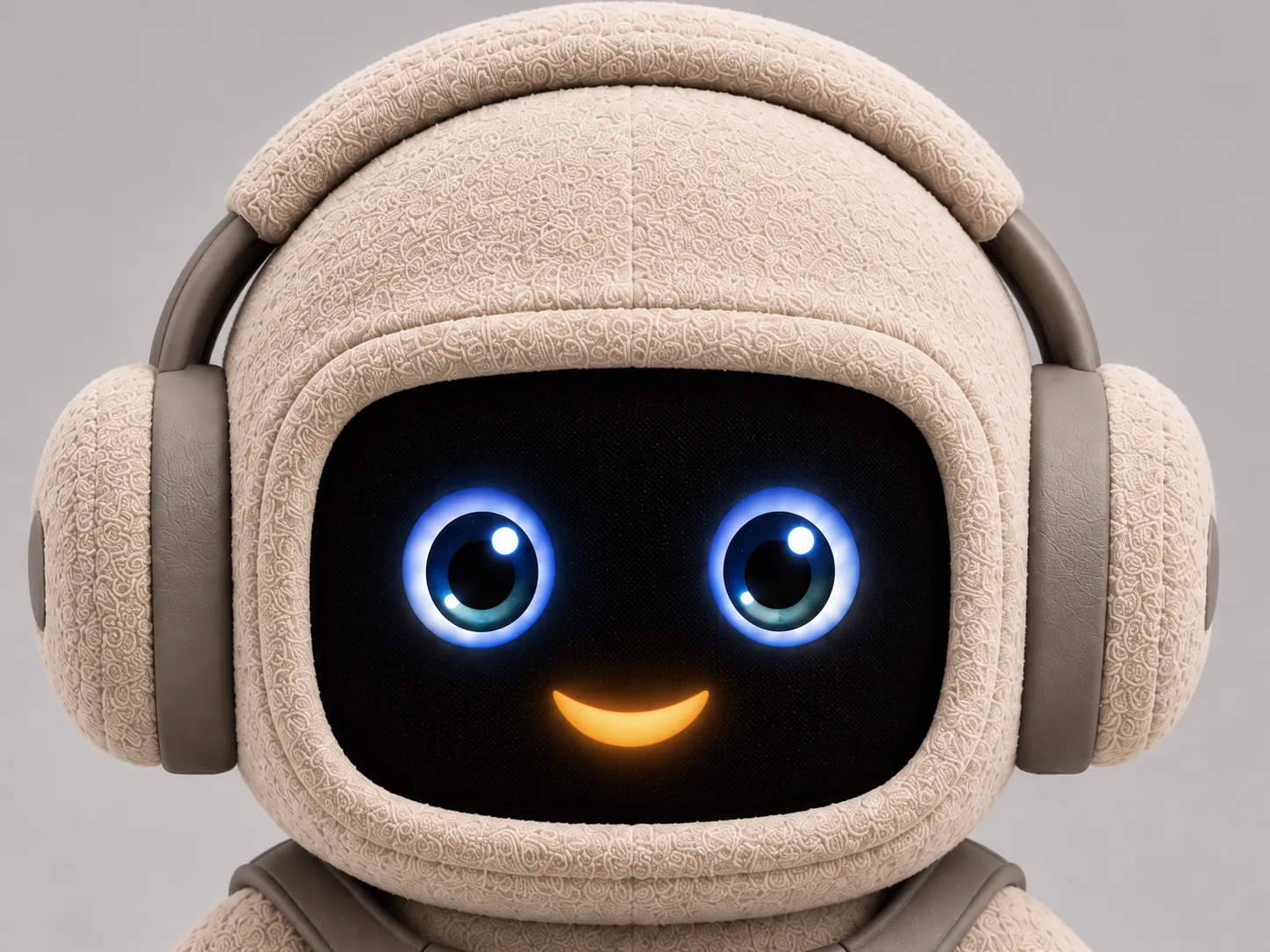 Close-up of NEEKO's face: glowing blue eyes and an orange smile on the black face screen, grey headphones on either side